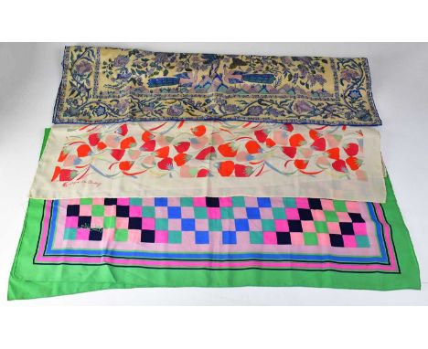 Three vintage scarves, comprising a Liberty blue floral silk example, approx. 88 x 88cm, an Albisetti 100% silk chequered exa