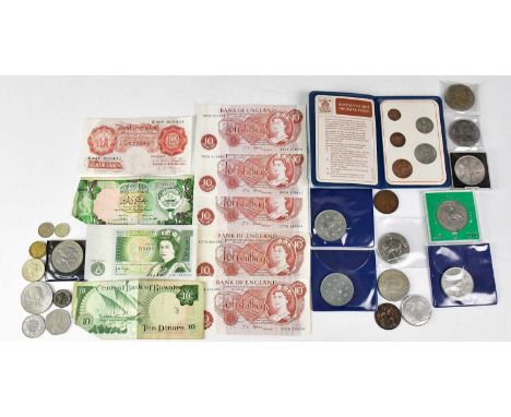 A collection of UK coins and banknotes, to include uncirculated £1 no. A76 250534, six uncirculated John Fford ten shilling n