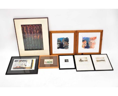 Eight various framed drawings painting and prints including Phyllis Mahon limited edition 'Kiss Kiss', A Delano, unsigned abs