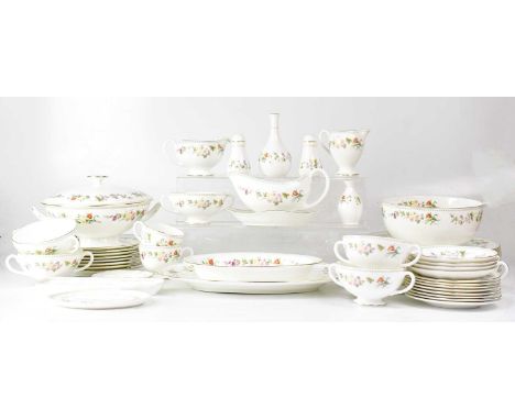 WEDGWOOD; a quantity of 'Mirabelle' pattern tea and dinner ware, to include twin-handled bowls, sauce boat, plates, bowls, te