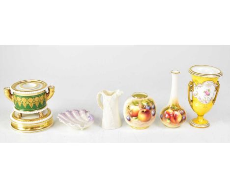 Six pieces of porcelain comprising a Royal Crown Derby twin-handled vase of yellow ground, painted with pink roses, two Royal