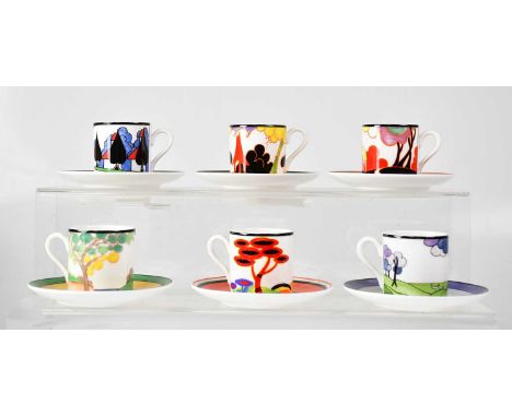 WEDGWOOD; eight Clarice Cliff 'Café Chic' limited edition coffee cups and saucers, 'Secrets', 'Brookfields', 'Blue Firs', 'Re