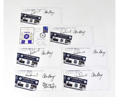 EVERTON FC; a first day cover signed by Dixie Dean, etc, six signed 'Howard Kendall Tribute Evening' envelopes, a print of Ev