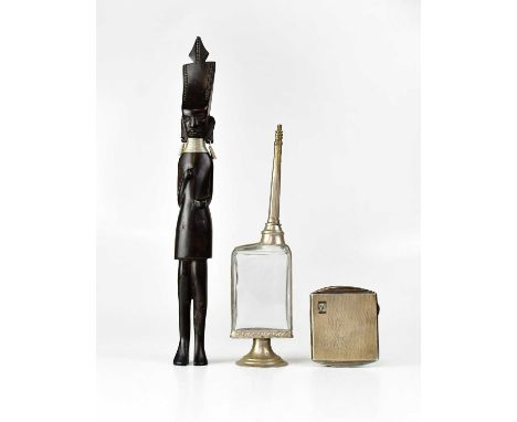 A Moroccan white metal scent bottle, an African carved hardwood figure and a silver plated cigarette case with engine turned 
