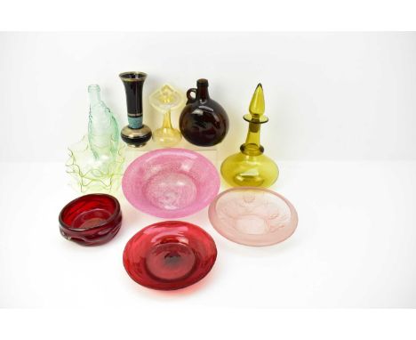 Twelve items of mixed vintage and antique coloured art glass, comprising a sage green decanter, with pear-shaped stopper, rin