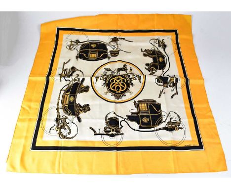 HERMÈS; a vintage silk 'Ex-Libris' scarf depicting carriages, originally designed by Hugo Grygkar in 1946, approx. 90 x 90cm 