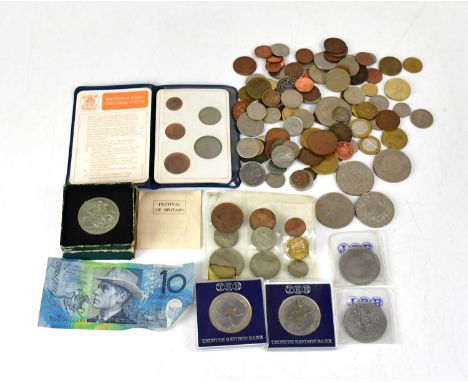 A collection of UK and world coinage, to include 'Britain's First Decimal Coinage', in wallet, a Festival of Britain 1951 cro