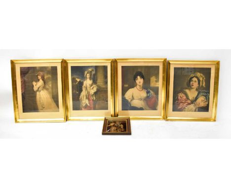 Five various prints comprising a crystoleum of a peasant girl carrying fruit and eating an apple, 21.5 x 16.5cm, with four ot