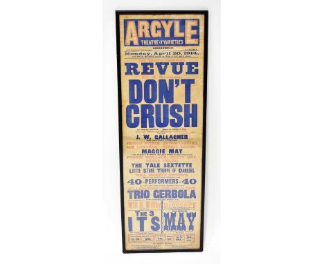 An early 20th century theatre poster for the Argyle Theatre and Varieties Birkenhead, Monday April 20th 1914, with acts such 