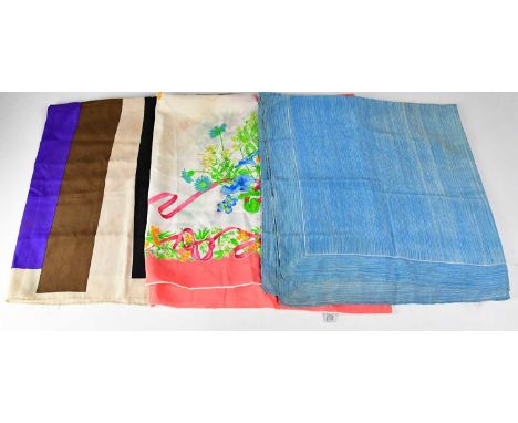 Three vintage scarves, comprising an Yves St Laurent striped example, approx. 91 x 86cm, a Nina Ricci 100% silk floral scarf,