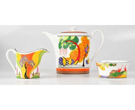 WEDGWOOD; a Clarice Cliff 'The Connoisseur Collection', 'Windbells' limited edition three-piece tea service, comprising teapo