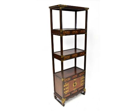 A Korean four-tiered open shelf unit with three small burr elm drawers to each of the middle tiers, above a cupboard with bra