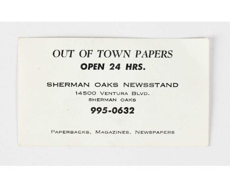 MICHAEL JACKSON; a signed business card for 'Out of Town Papers, Sherman Oaks Newsstand' dedicated 'To Pearl' and bearing sig