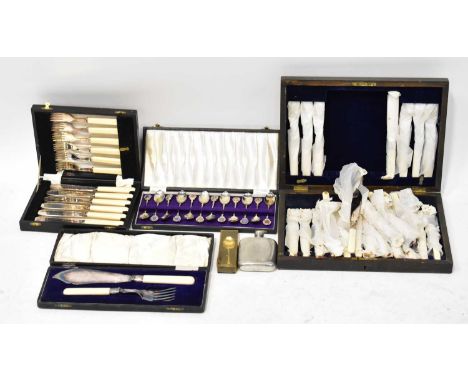 A collection of plated ware to include teapots, sugar bowls, serving spoons, a hip flask, a canteen of cutlery, a cased fish 