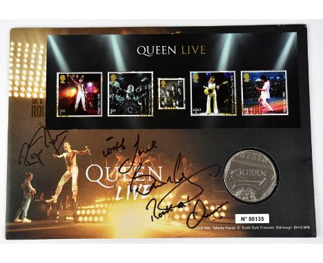 QUEEN; a limited edition first day coin cover no. 08135, with commemorative 'Queen' £5 coin, signed to the front by Brian May