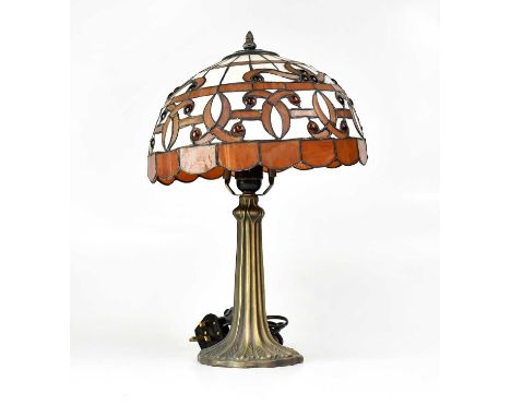 A bronzed table lamp with Tiffany-style lampshade, height 44cm.Condition Report: - Please note that this lot is not suitable 