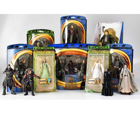 LORD OF THE RINGS; eight boxed and carded figures to include Galadriel, Arwen, Sam Gamgee, Travelling Bilbo, Eowyn, Aragorn, 