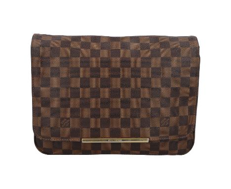 LOUIS VUITTON Umhängetasche "HOXTON". Koll. 2013. Damier Ebene Serie mit dunkelbraunem Glattleder und goldfarbener Hardware. 