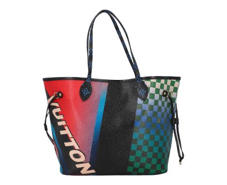 LOUIS VUITTON Shopper "NEVERFULL MM". Limited Edition Damier Canvas Race Print aus dem Jahr 2016. Klassisches Modell mit Race