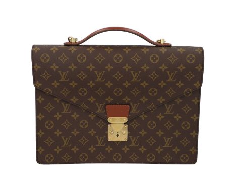 LOUIS VUITTON VINTAGE Aktentasche, Koll. 1990. Monogram Canvas Serie mit braunem Glattleder und goldfarbener Hardware. Klassi