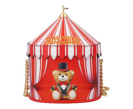 MOSCHINO COUTURE Handtasche "CIRCUS BAG", NP.: 1.100,-€. Kalbsleder in Zirkus-Zelt-Design, rot und weiß mit labeltypischem Te