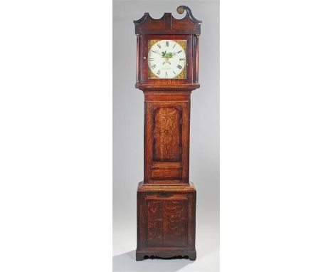 18th Century oak longcase clock, Bass Worthingham? the hood with a square glazed door flanked by columns above a long trunk d