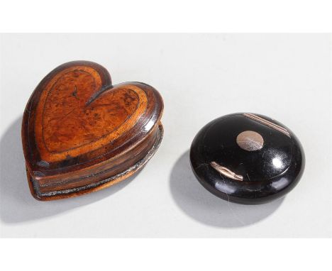 Charming 19th Century fruit wood snuff box, in the form of a heart, the lid top with bands of inlay to the border, conforming
