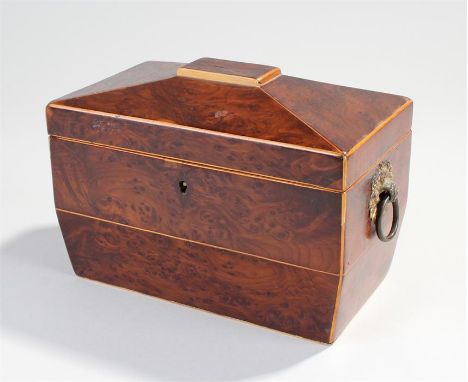 19th Century yew wood tea caddy, the angled top above fruit wood strung edges, two compartments to the interior, ring handles