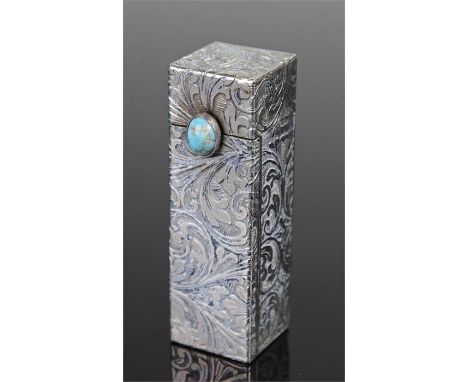 Early 20th Century white metal lipstick holder, the rectangular case with turquoise button pushing to reveal a hinged mirror 