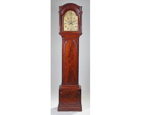 George III mahogany longcase clock, Wickes of London, the figured mahogany case with arched top and moulded cornice above tur