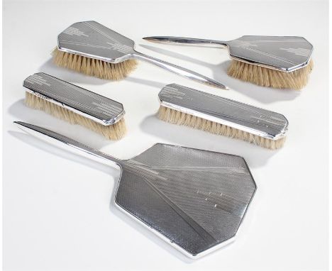 George V silver vanity set, Birmingham 1935, maker Davis, Moss & Co, the engine turned backs with line design, consisting of 