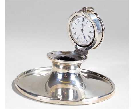 George V silver novelty capstan inkwell/watch holder, Birmingham 1919, makers mark rubbed, the hinged top enclosing a pocket 