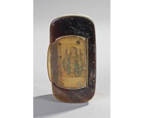 19th Century horn snuff box, the hinged lid with an enclosed religious picture above the rectangular rounded corner body, 9.5