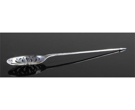 George III silver mote spoon, indistinct marks, maker EP, 18th Century, with a pierced bowl and tapering stem terminating wit