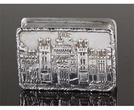 Elizabeth II silver 'castle-top' snuff box, Windsor Castle, Birmingham 1976, maker S. J. Rose and Son, rectangular form, the 