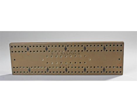 Victorian brass cribbage board, of typical form, named C.J. Halford Maker, 37cm long