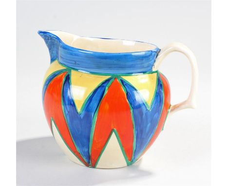 Clarice Cliff Bizarre jug, Newport Pottery, the hand painted jug decorated with yellow, blue and red geometric design, 12.5cm