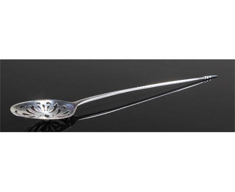 George III silver mote spoon, indistinct marks, 18th Century, with a pierced bowl and tapering stem terminating with a point,