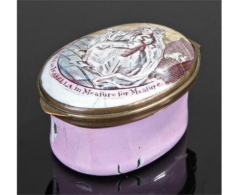 Rare 18th Century enamel patch box. The lid with the actress Sarah Siddons whilst performing, the text stating 'Mrs Siddons a