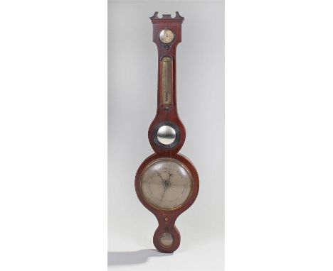 Victorian mahogany barometer, Bianchi, Braintree, the pediment above a dry/damp gauge, a thermometer, convex mirror and weath