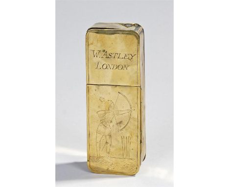 18th Century brass snuff box, the rectangular box with a hinged lid to the top and hinged compartment to the base, the top de