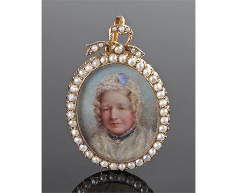 19th Century portrait miniature, of an elderly lady, in a pearl set surround, yellow metal locket, glass and hair backed, 28m