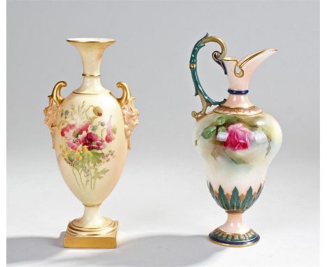 Two Royal Worcester vases, the first blush and foliate decorated, numbered 1716, 21cm high, the second vase painted with flow