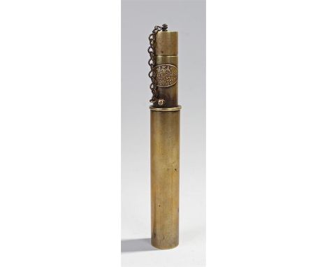19th Century Cotton & Johnson's Patent fire lighter, the brass case with a lid above a wick end, adjustable collar with name 