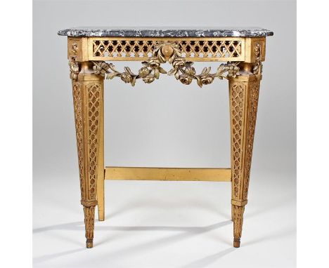 19th Century console table, the shaped marble top with canted corners above a gilt crisscross fret frieze with hanging carved