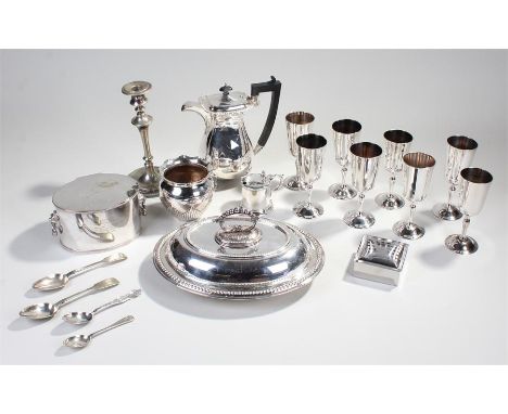 Silver plated wares, to include a set of eight goblets, a mustard, a tea caddy, an entrée dish, cigarette box, flatware, coff