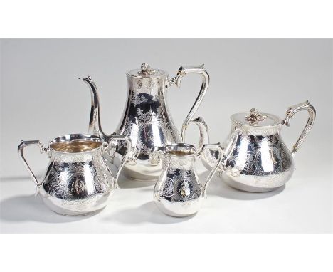 Victorian silver plate four piece tea service, consisting of a teapot, coffee pot, milk jug and sugar bowl, each piece with m