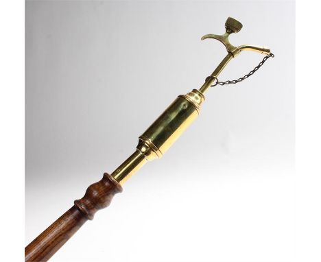 Victorian pole candle lighter, the oak staff with brass top wick to the end, 136cm long