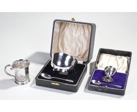 Silver objects, various dates and makers, to include a silver tankard, a cased egg cup and spoon and a cased bowl with spoon,