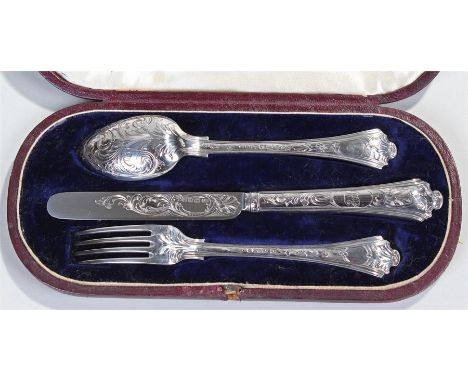 Victorian cased set of traveling cutlery, Sheffield 1851, maker Martin Bros & Co, to include spoon, knife and fork, each with